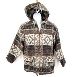 VINTAGE WOOLRICH WESTERN HOODED ZIP WOOL BLND GEOMETRIC SHAPE BROWN BEIGE JACKET